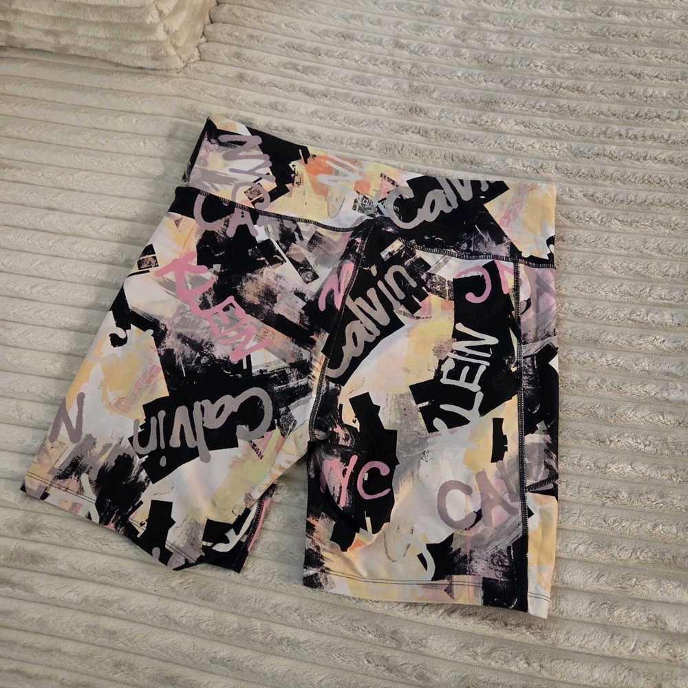 Calvin Klein High Rise Bike Shorts XXL Graffiti Canvas Sunstone Active Pockets